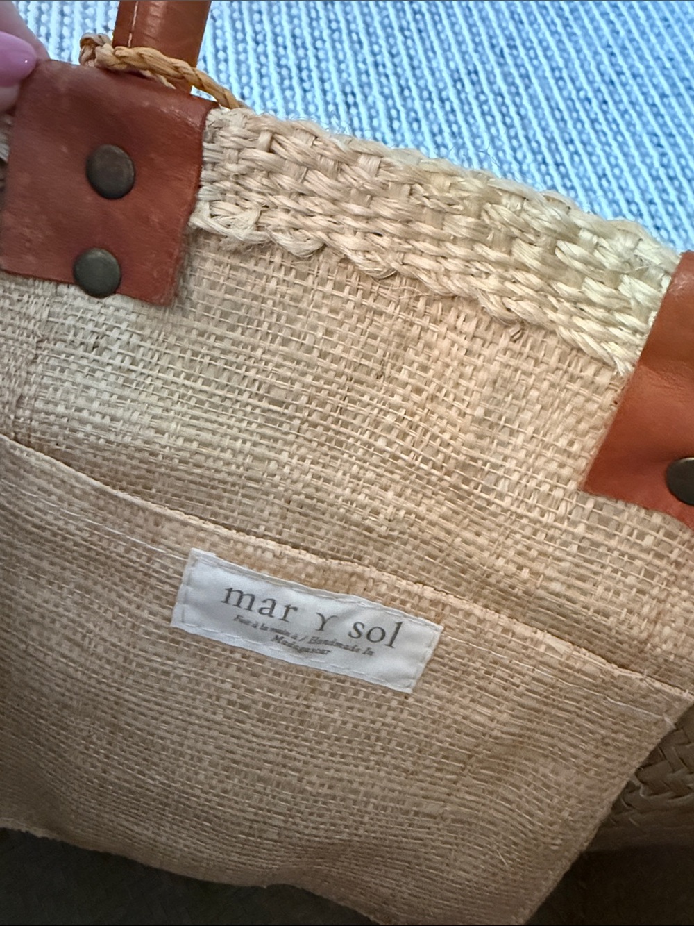 Mar Y Sol Woven Straw Tote with yellow Stripe and Pom Pom Accents - Picture 2 of 5
